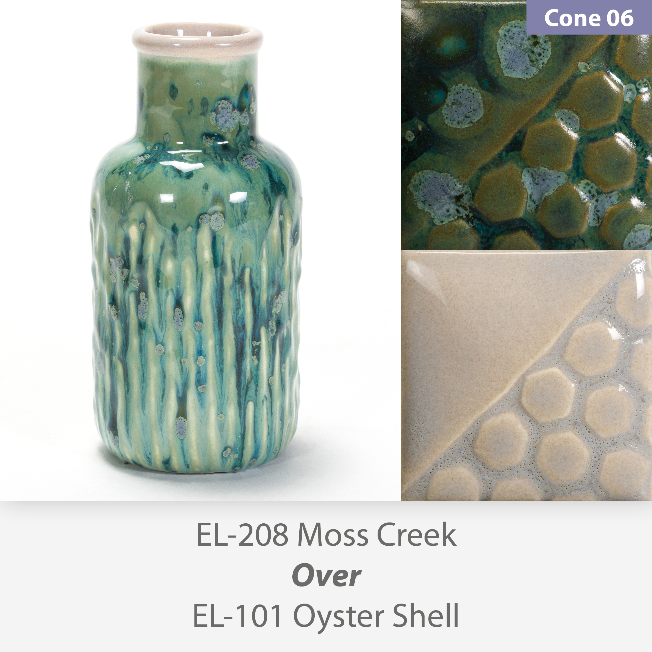 EL208 Moss Creek over EL101 Oyster Shell, Cone 06